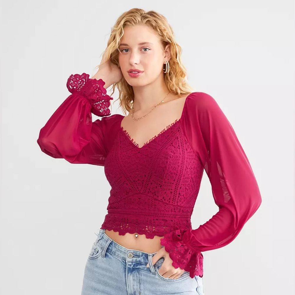 Willow & Root Crochet Cropped Top Sheer Dramatic Sleeves Color is Cerise Size XS